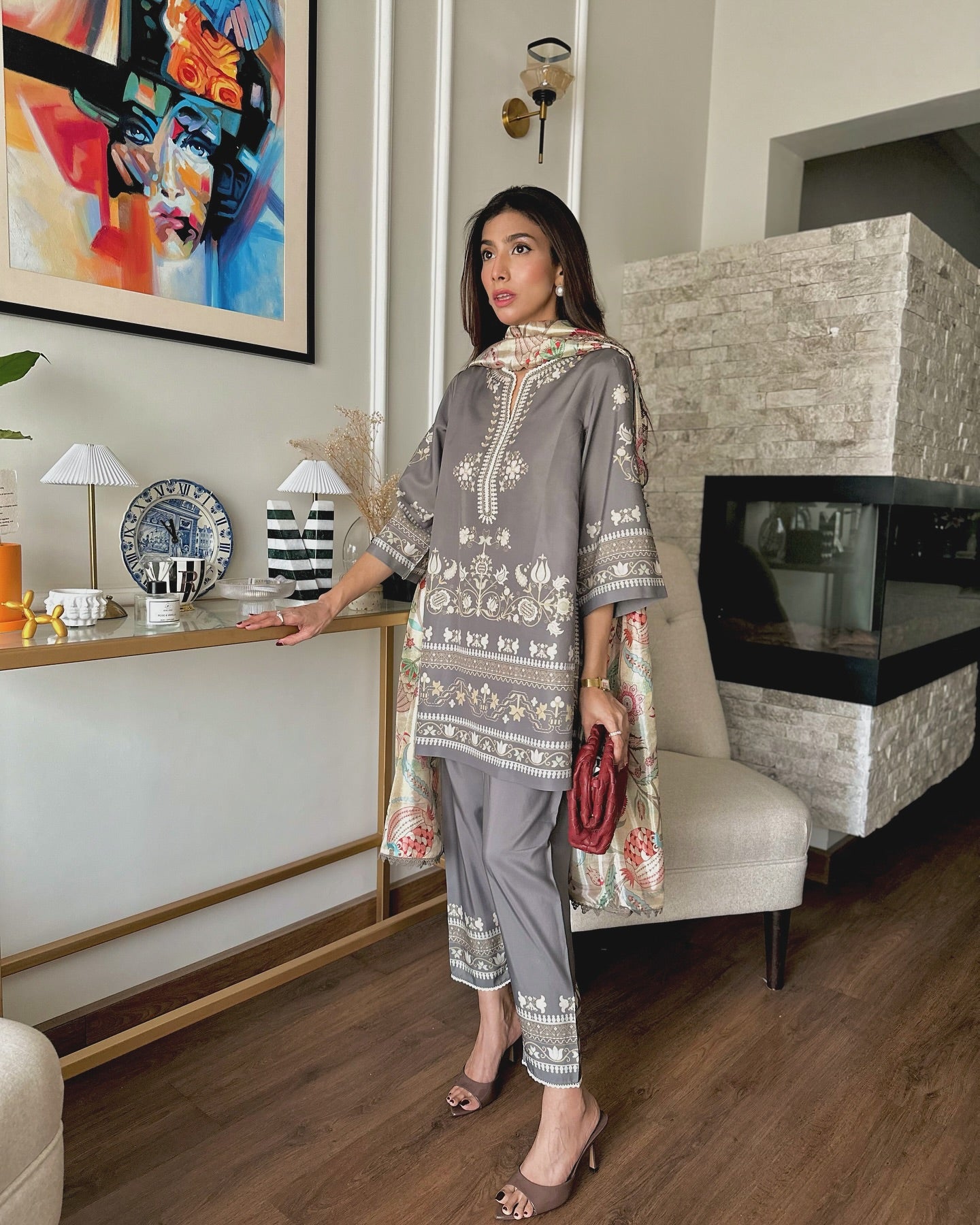 Sufi Grey Coord Set with scarf (QC6090)