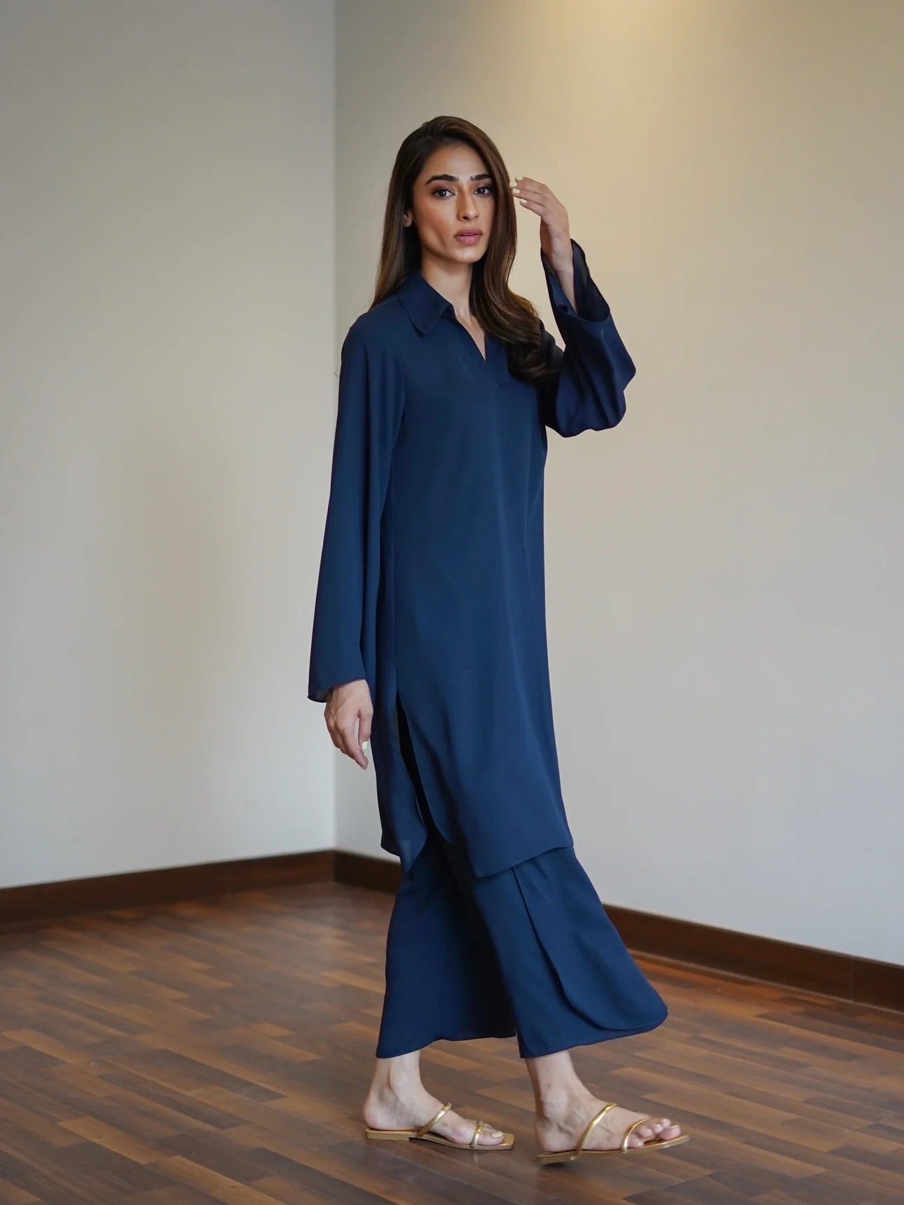 Hariyat statement blue co-ord set with overlapping style pants (QC7035)