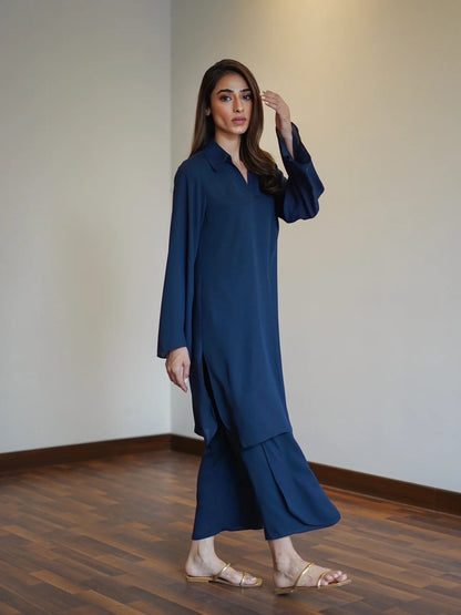 Hariyat statement blue co-ord set with overlapping style pants (QC7035)